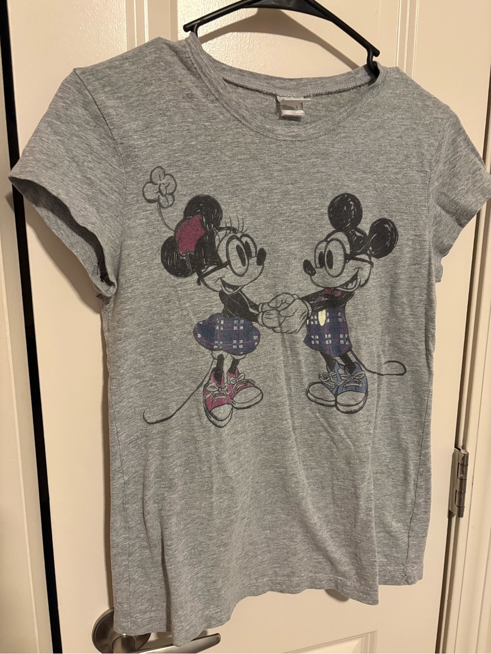 Disney Gray Tee with Mickey & Minnie Pink and Blue Accents